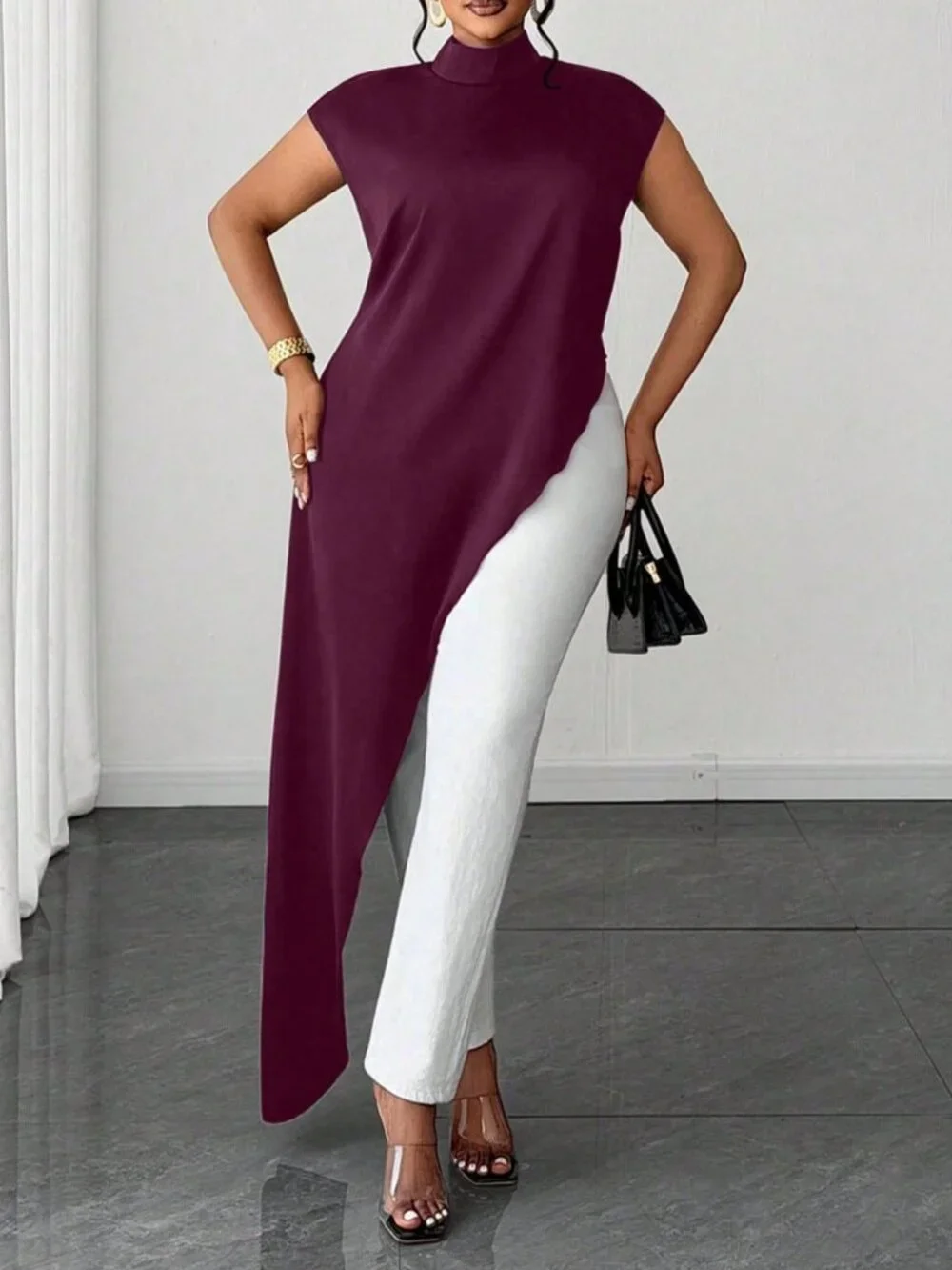 Red Violet Casual Women's Plus Size Stand Collar Asymmetrical Hem Long Shirt